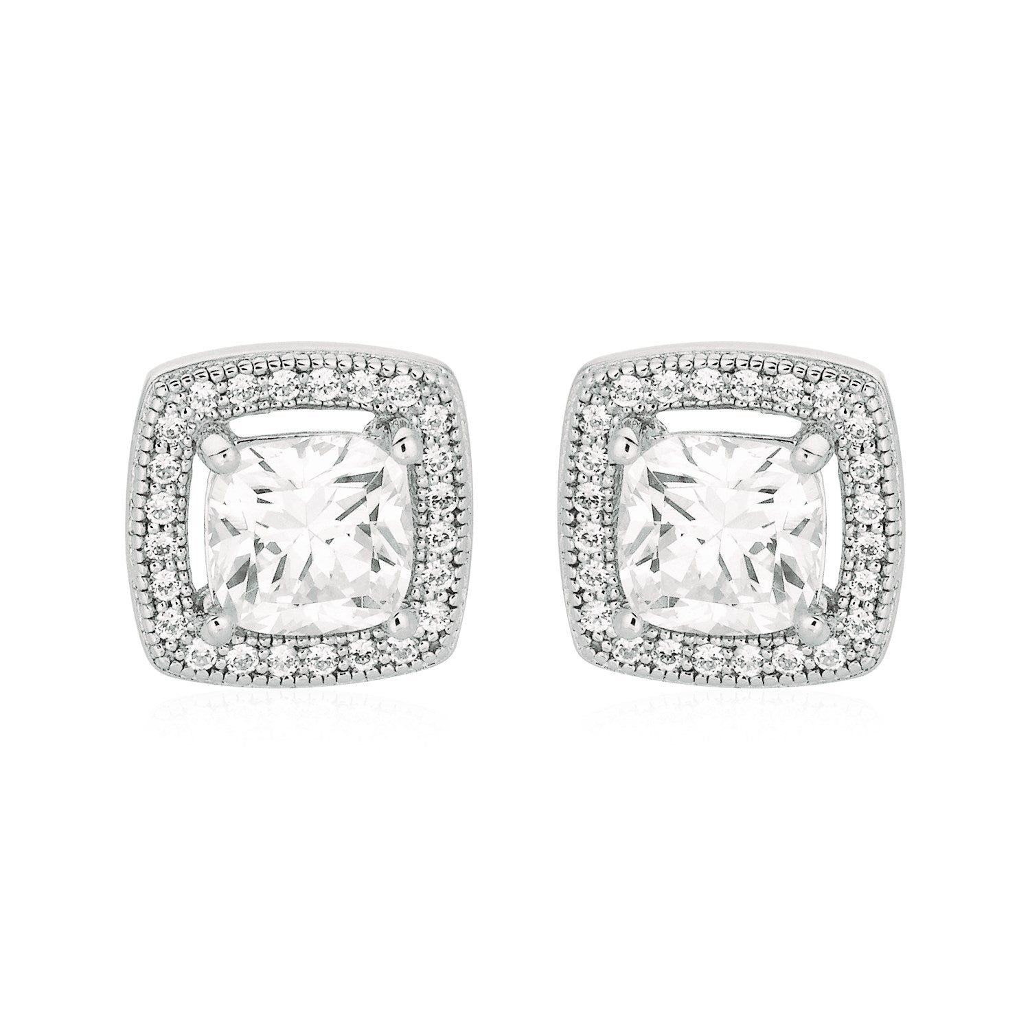 Cushion Earrings with Cubic Zirconia in Sterling Silver in Pushback Clasps