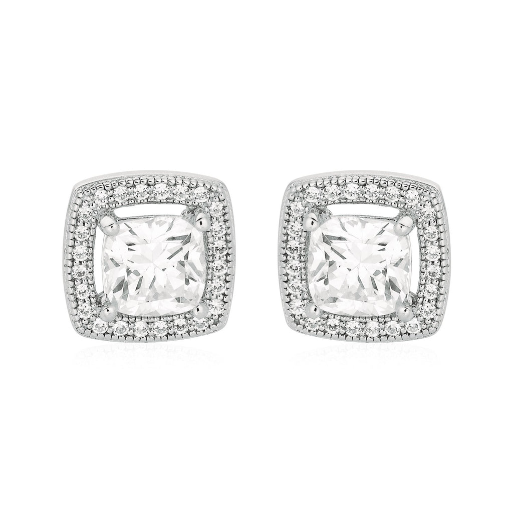 Cushion Earrings with Cubic Zirconia in Sterling Silver in Pushback Clasps