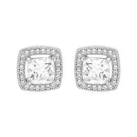 Cushion Earrings with Cubic Zirconia in Sterling Silver in Pushback Clasps
