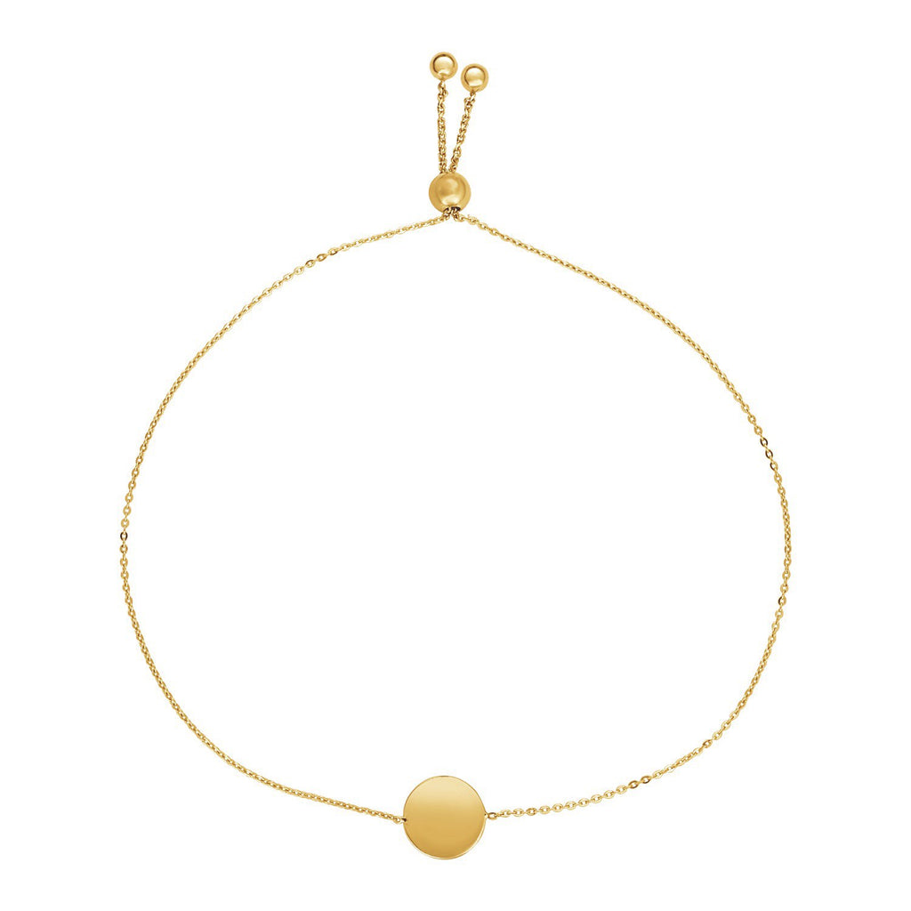 Yellow Gold 14k Adjustable Bracelet with Shiny Circle in Draw String Clasp