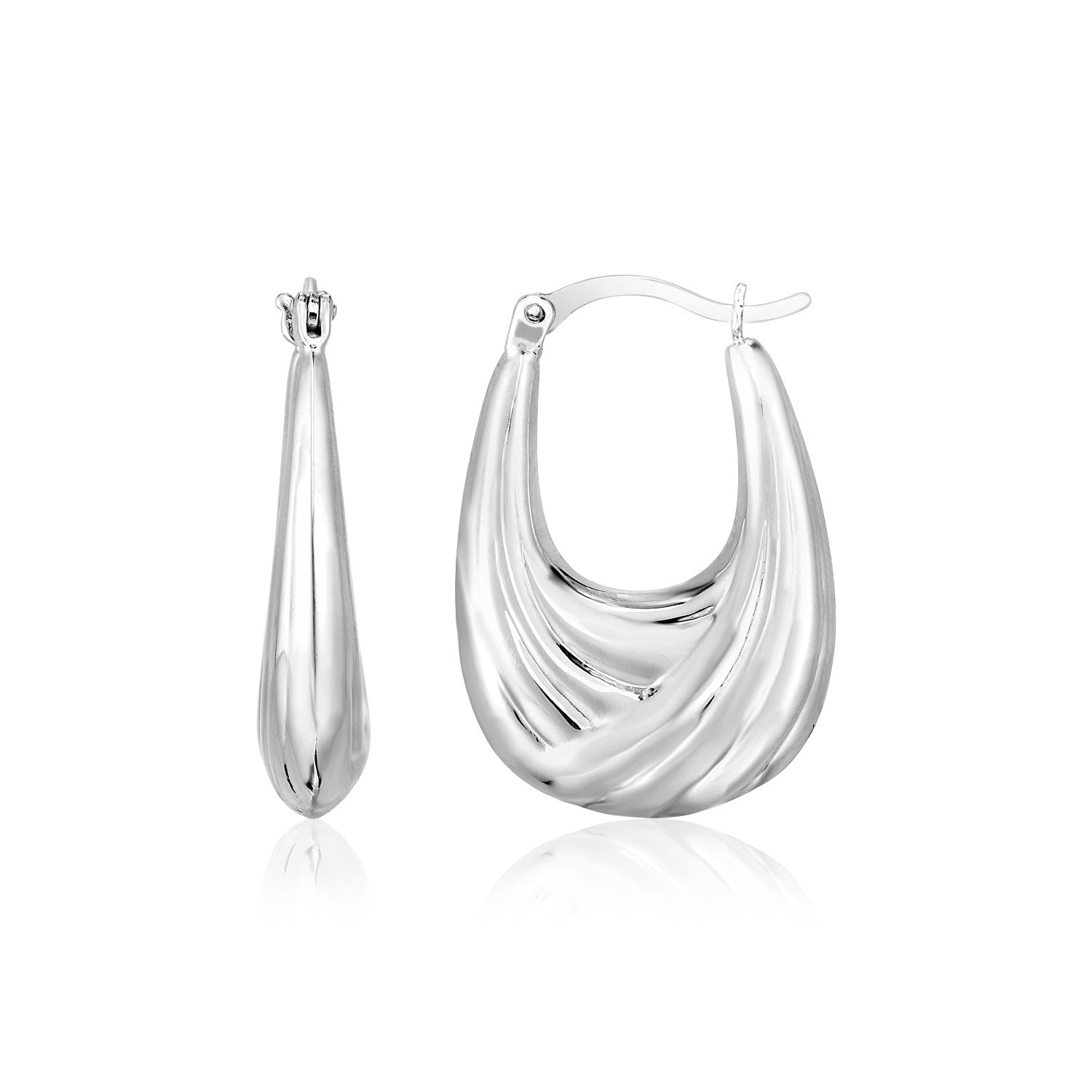 Sterling Silver Polished Puffed Hoop Earrings with Drapery Texture in Hinged Snap Back