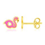 Yellow Gold 14k Enameled Flamingo Cute Childrens Earrings