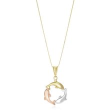 Load image into Gallery viewer, Tri-Color Gold 14k Round Dolphin Design Pendant in Lobster Claw Lock