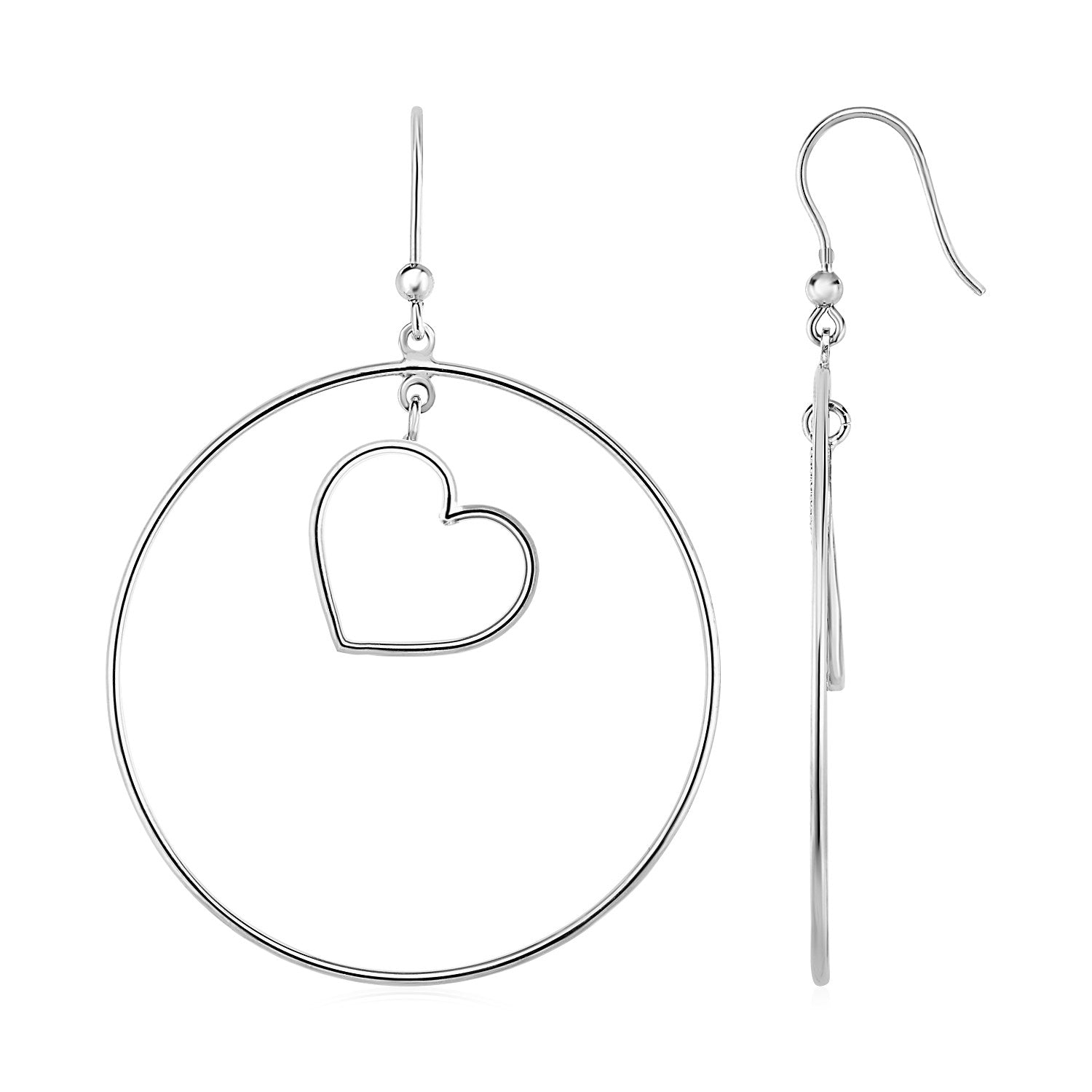 Sterling Silver Earrings with Polished Circle and Heart Drops in French Wire