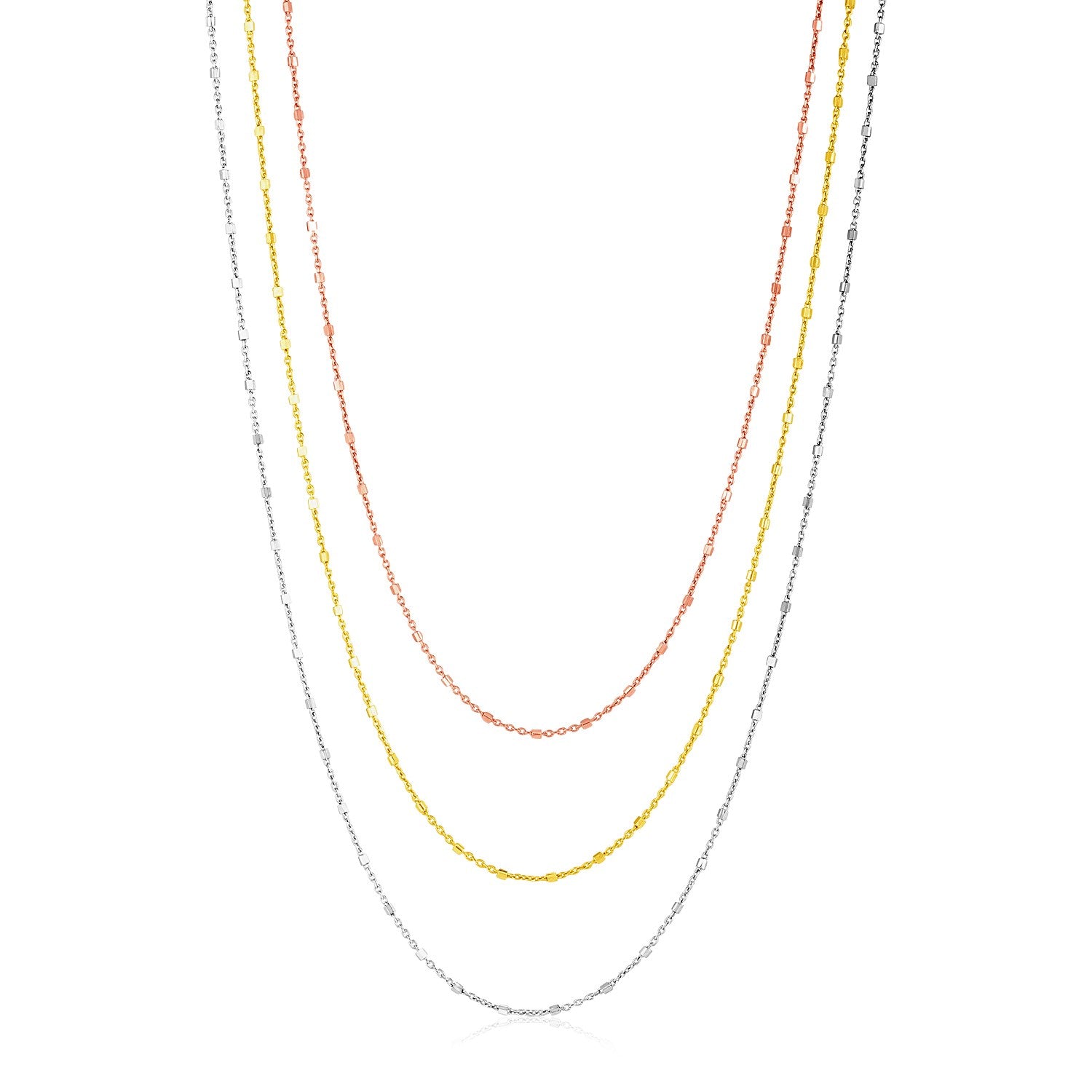 Sterling Silver Three Toned Three Strand Fine Chain Necklace in Lobster Claw Lock