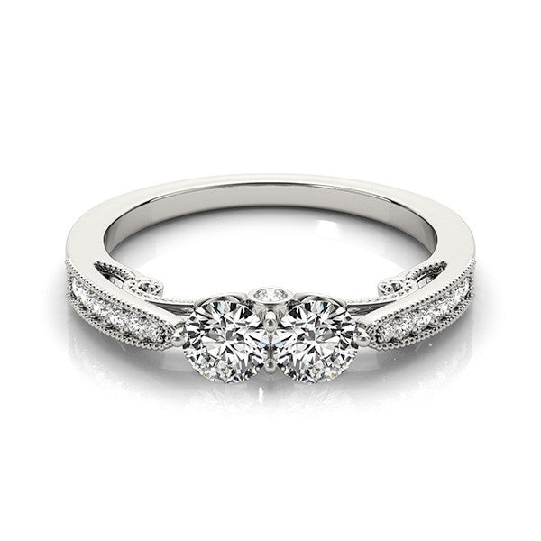 White Gold 14k Elegant Two Stone Diamond Ring With Milgrain Design