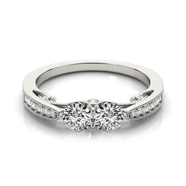 White Gold 14k Elegant Two Stone Diamond Ring With Milgrain Design