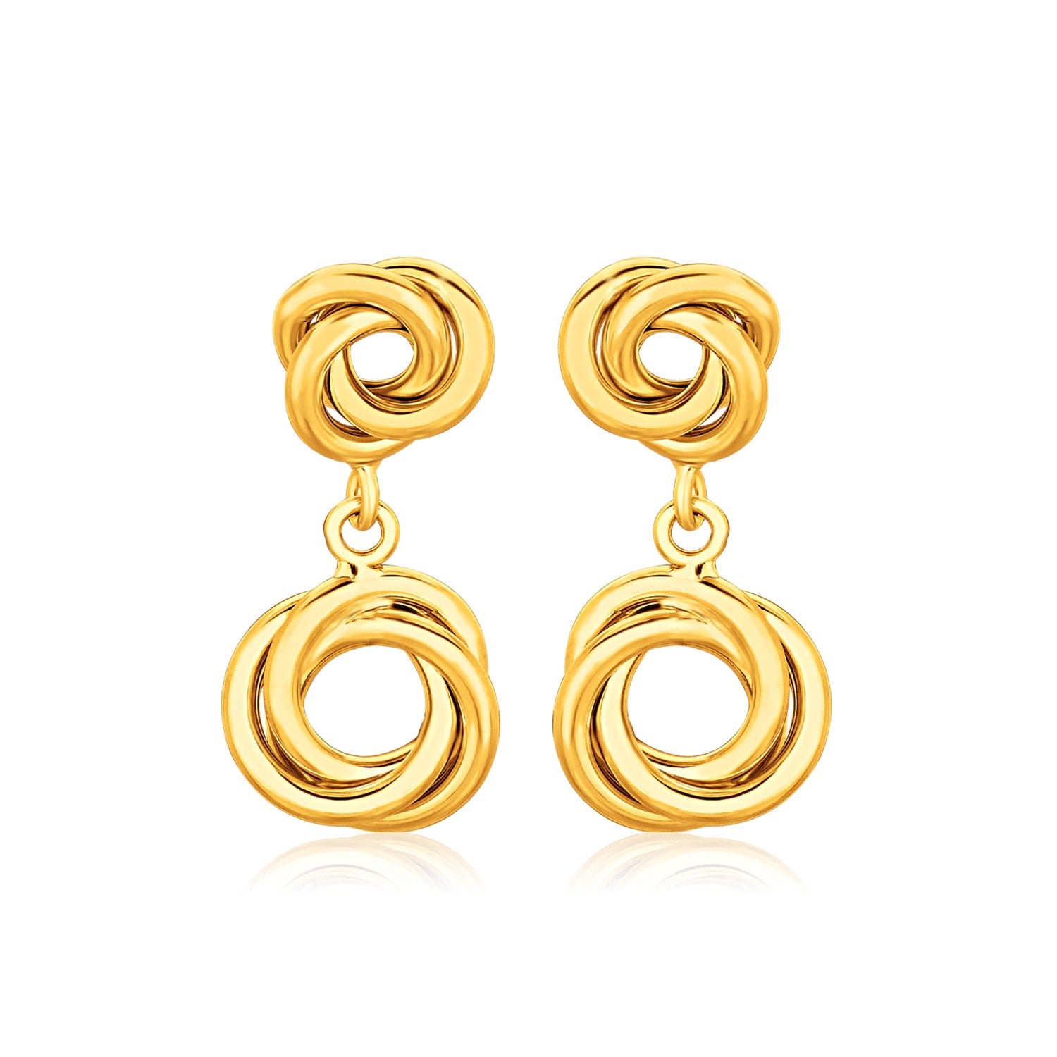 Yellow Gold 14k Love Knot Stud Earrings with Drops in Push Back Backing