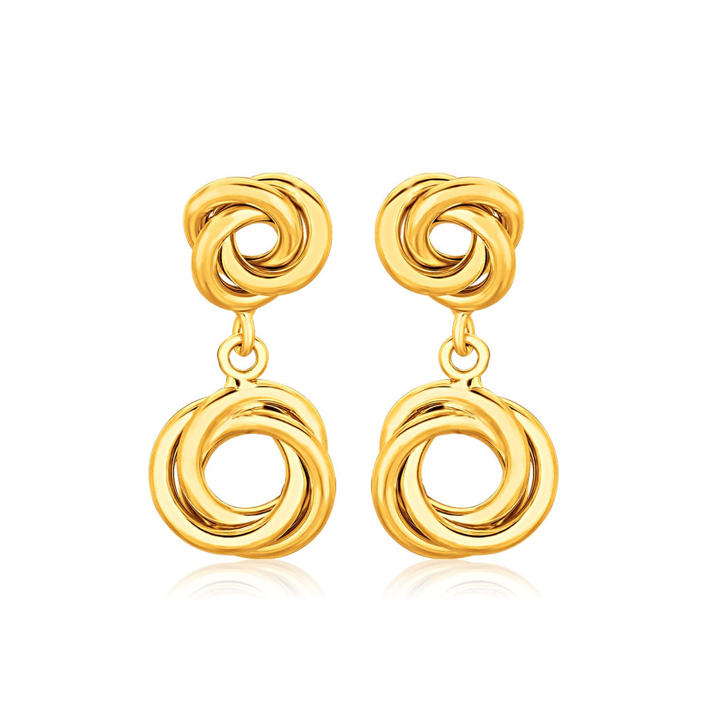 Yellow Gold 14k Love Knot Stud Earrings with Drops in Push Back Backing