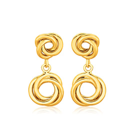 Yellow Gold 14k Love Knot Stud Earrings with Drops in Push Back Backing