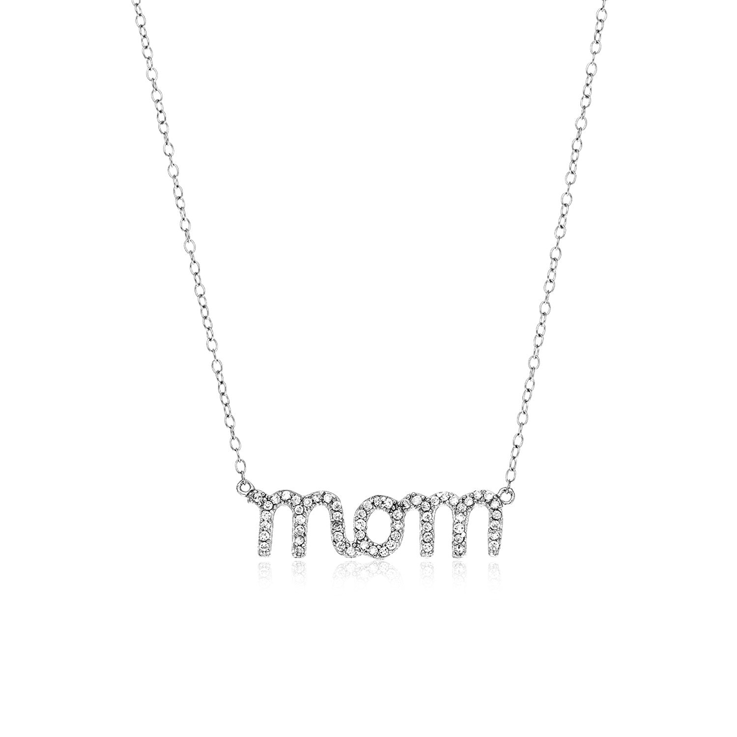 Sterling Silver Mom Necklace with Cubic Zirconias in Lobster Claw Lock