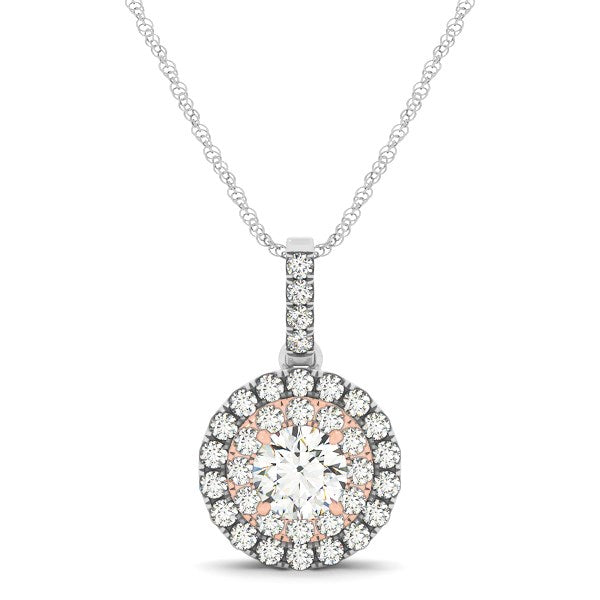White and Rose Gold 14k Round Shape Halo Diamond Pendant in Spring Ring Clasp