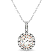 Load image into Gallery viewer, White and Rose Gold 14k Round Shape Halo Diamond Pendant in Spring Ring Clasp