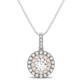 White and Rose Gold 14k Round Shape Halo Diamond Pendant in Spring Ring Clasp