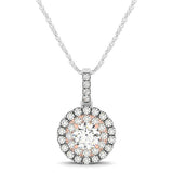 White and Rose Gold 14k Round Shape Halo Diamond Pendant in Spring Ring Clasp