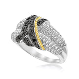 Yellow Gold 18k Stunning Sterling Silver Entwined Popcorn Ring with Black Diamonds