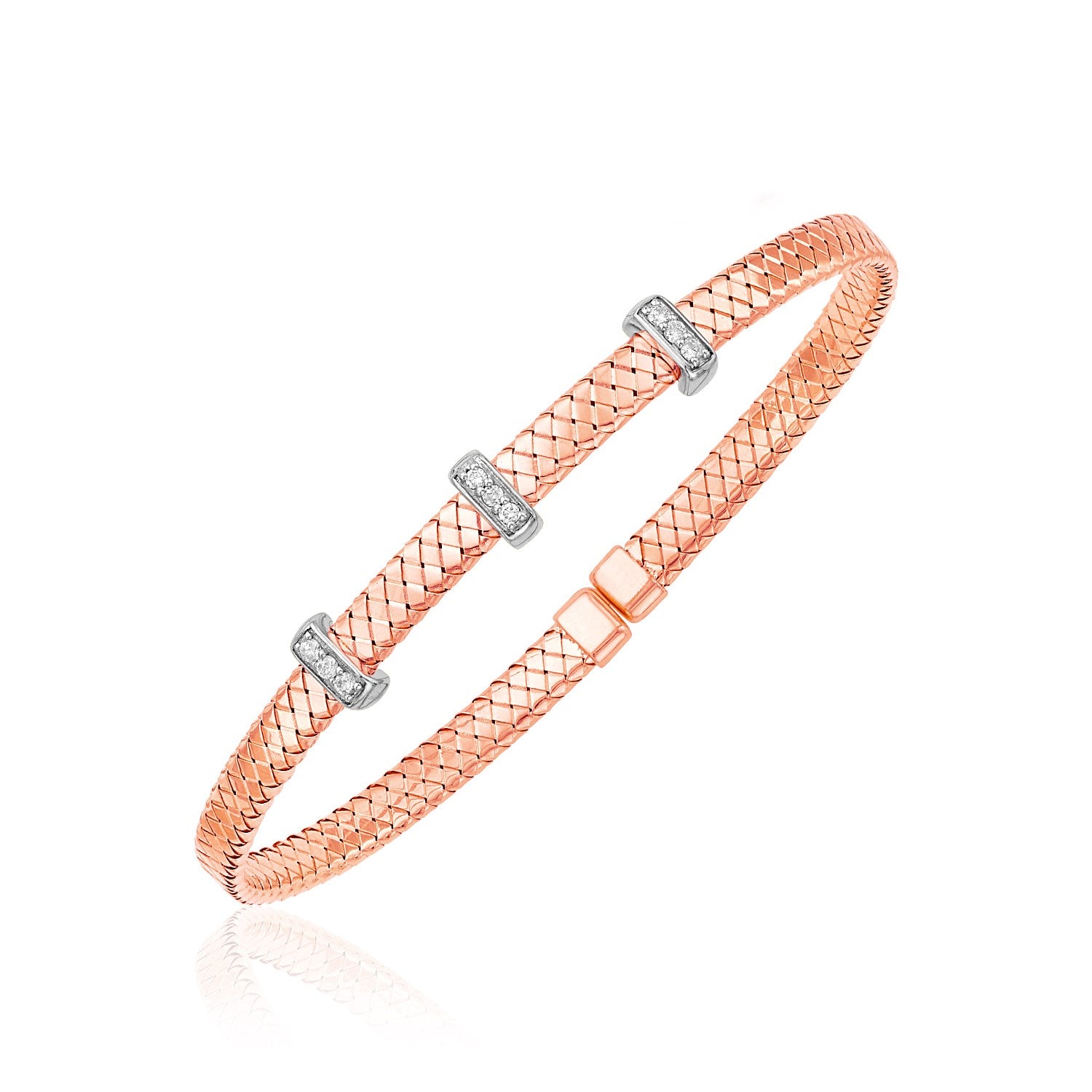Two Tone Gold 14k Narrow Basket Weave Bangle with Diamonds