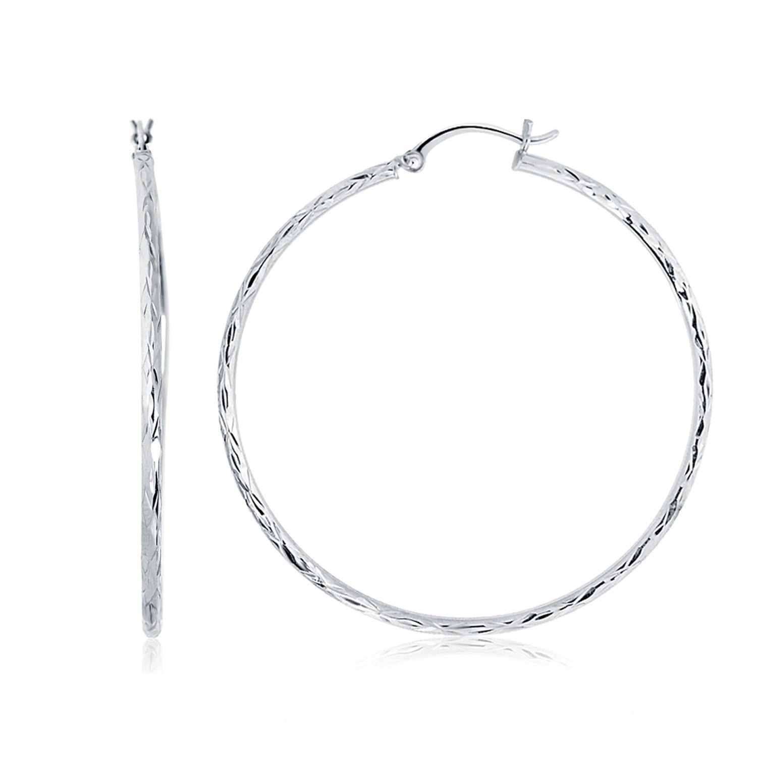 White Gold 14k Diamond Cut Hoop Earrings 1 3-4 inch Diameter in Snap Lock