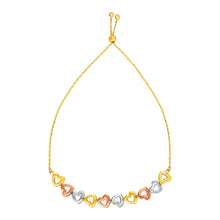 Load image into Gallery viewer, Adjustable Bracelet with Shiny Open Hearts in 14k Tri Color Gold