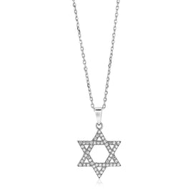 Sterling Silver Star of David Necklace with Cubic Zirconias in Lobster Claw Lock