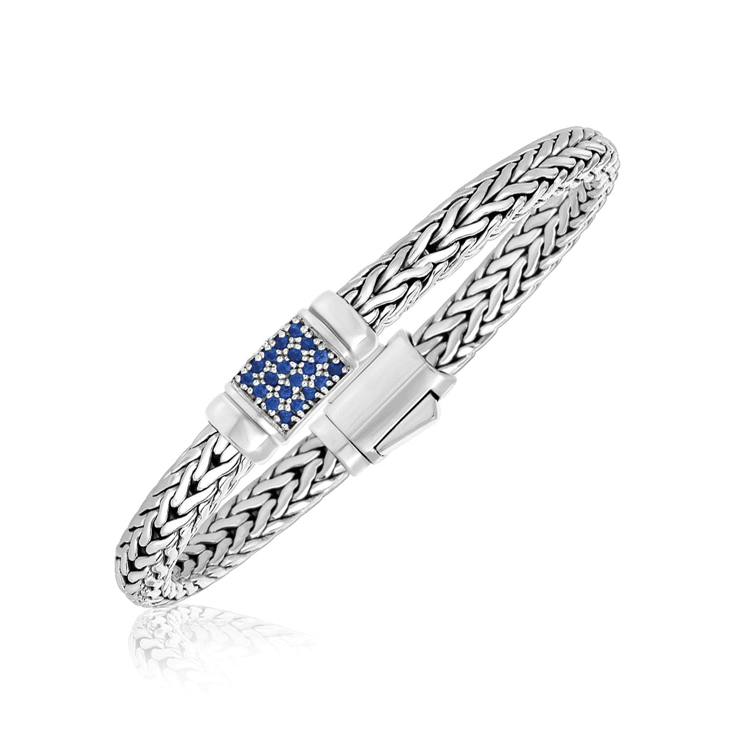 Sterling Silver Weave Motif Bracelet with Blue Sapphire Embellishments & Tongue Clasp