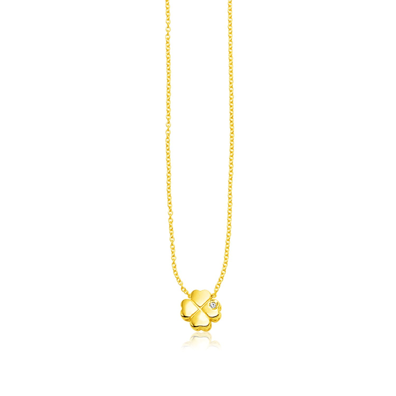 Yellow Gold 14k Polished Four Leaf Clover Necklace with Diamond in Lobster Claw Lock