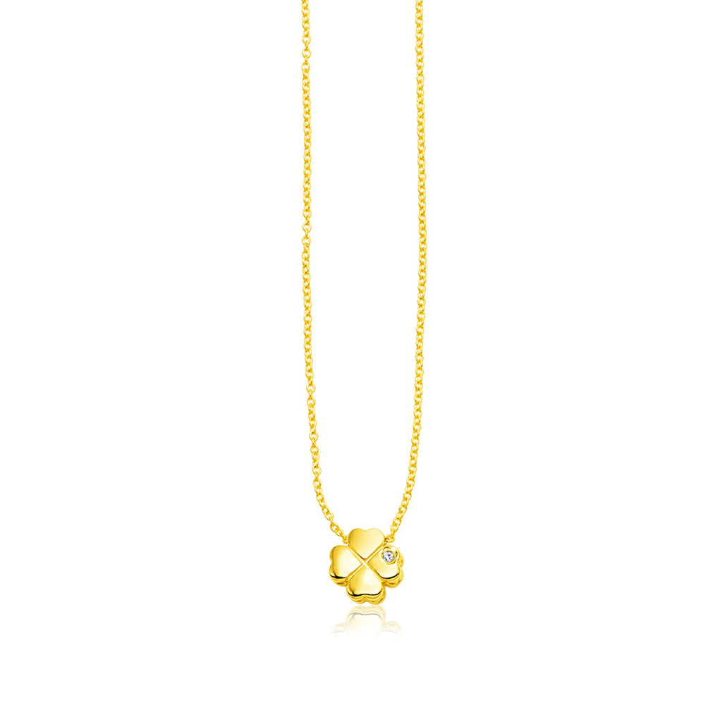 Yellow Gold 14k Polished Four Leaf Clover Necklace with Diamond in Lobster Claw Lock