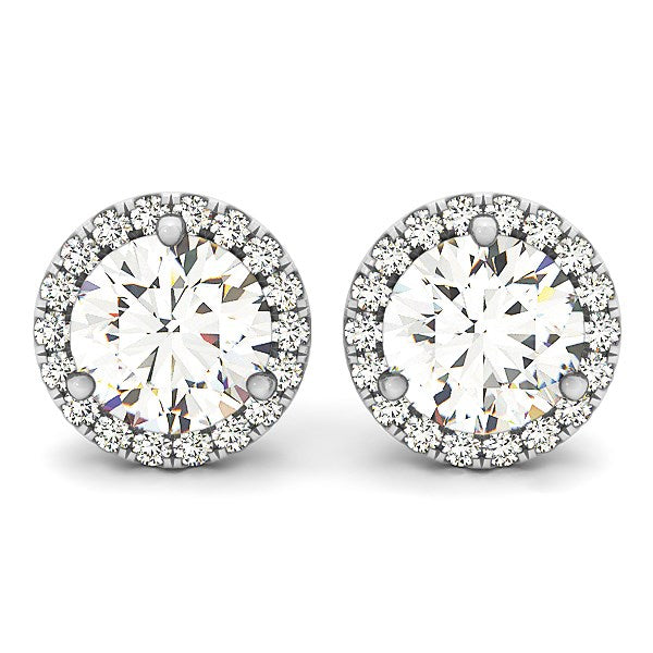 White Gold 14k Round Prong Halo Earrings in Push Back Backing