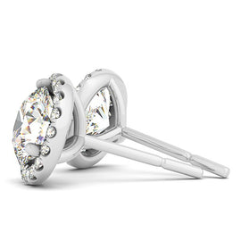 White Gold 14k Round Prong Halo Earrings in Push Back Backing