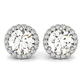 White Gold 14k Round Prong Halo Earrings in Push Back Backing