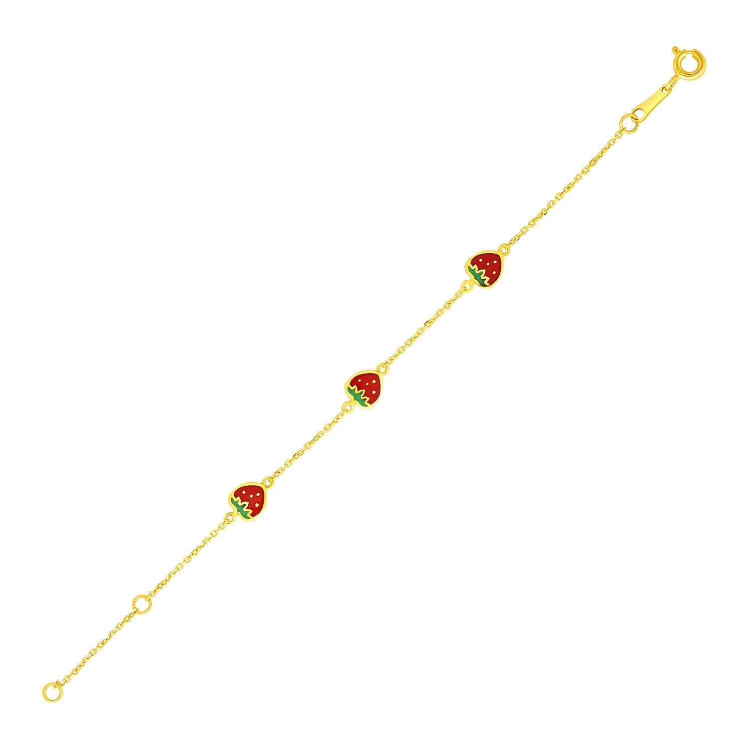 Yellow Gold 14k 5 1/2 inch Cute Childrens Bracelet with Enameled Strawberries