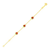 Yellow Gold 14k 5 1/2 inch Cute Childrens Bracelet with Enameled Strawberries