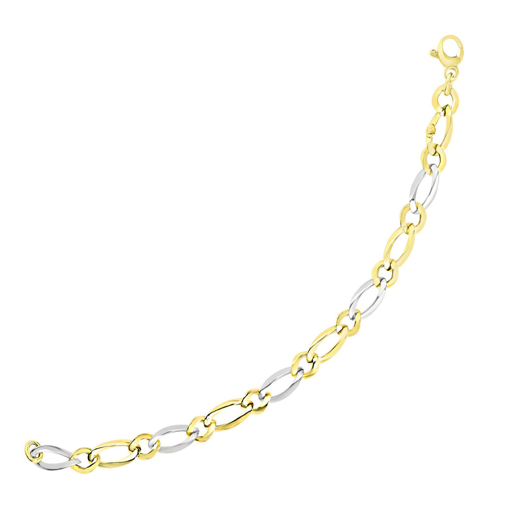 Two-Tone Gold 14k Figaro Chain Bracelet with Long and Short Links in Lobster Claw Lock