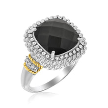 Load image into Gallery viewer, Yellow Gold 18k Sterling Silver Black Onyx and Diamond Popcorn Elegant Cushion Ring