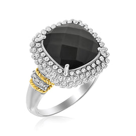 Yellow Gold 18k Sterling Silver Black Onyx and Diamond Popcorn Elegant Cushion Ring