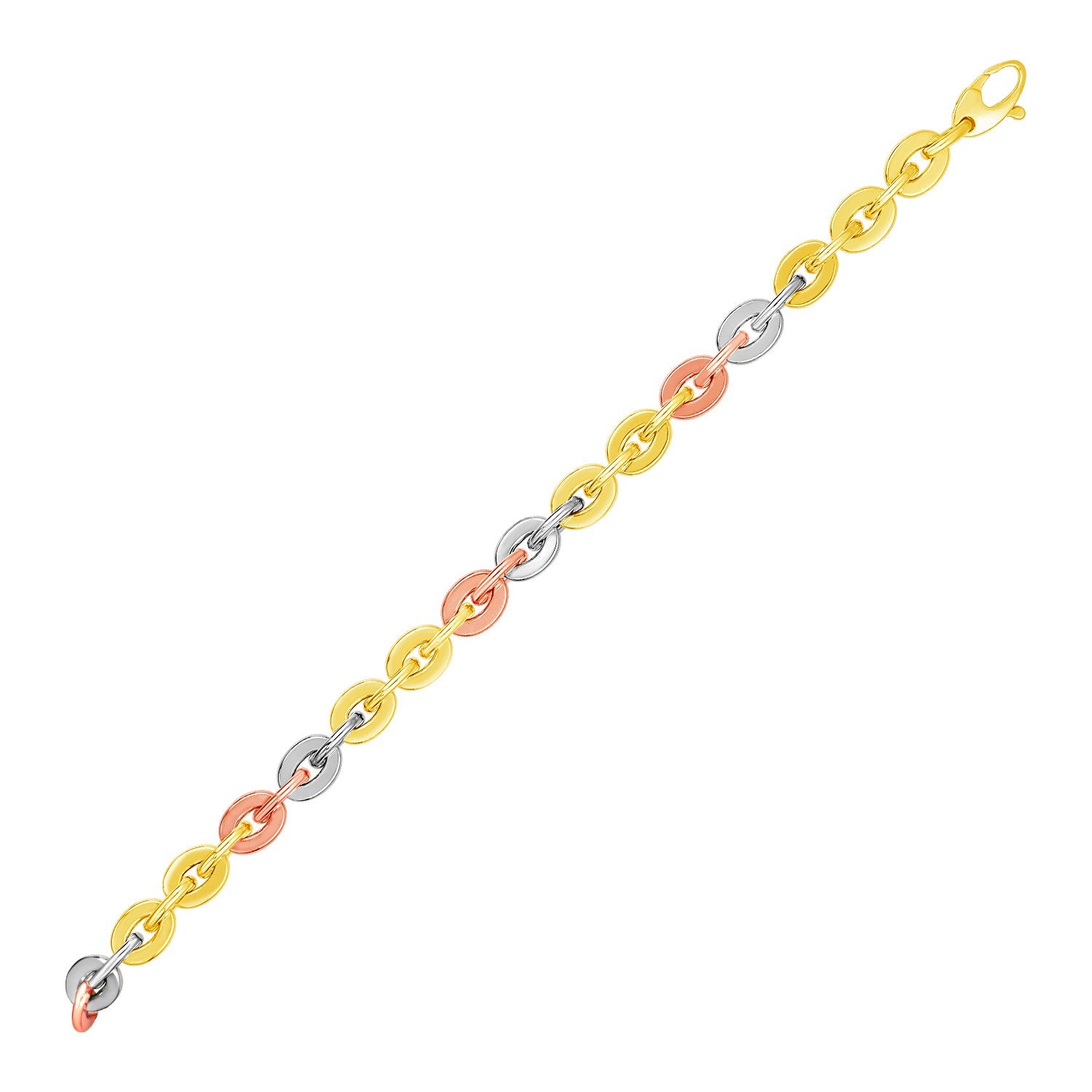 Tri Color Gold 14k Oval Link Bracelet in Lobster Claw Lock