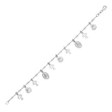 Sterling Silver 7 1/4 inch Bracelet with Crosses and Religious Medal Charms & Claw Lock