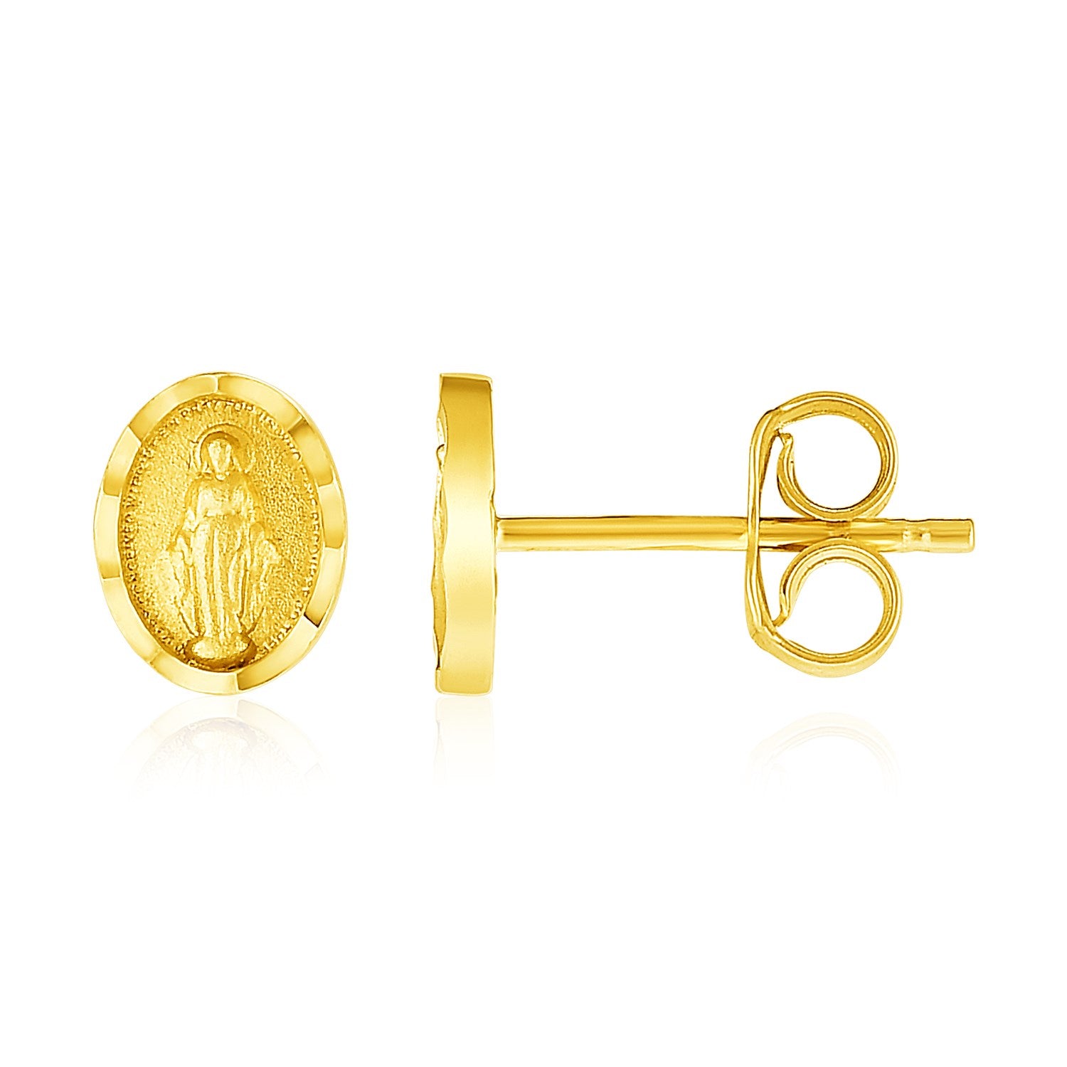 Yellow Gold 14k Oval Religious Medallion Post Earrings in Push Back Backing