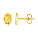 Yellow Gold 14k Oval Religious Medallion Post Earrings in Push Back Backing