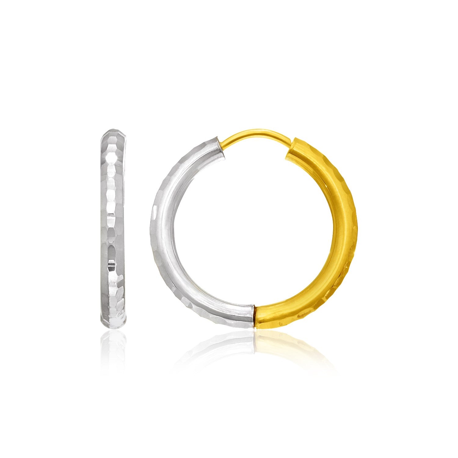 Two-Tone Gold 14k Hinge Hammered Hoop Earrings in Snap Lock