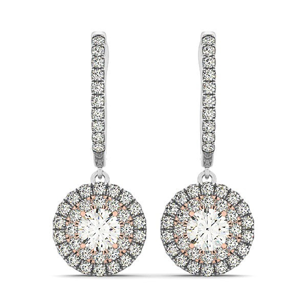 White And Rose Gold 14k Drop Diamond Earrings with a Halo Design 3-4 cttw