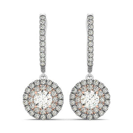 White And Rose Gold 14k Drop Diamond Earrings with a Halo Design 3-4 cttw