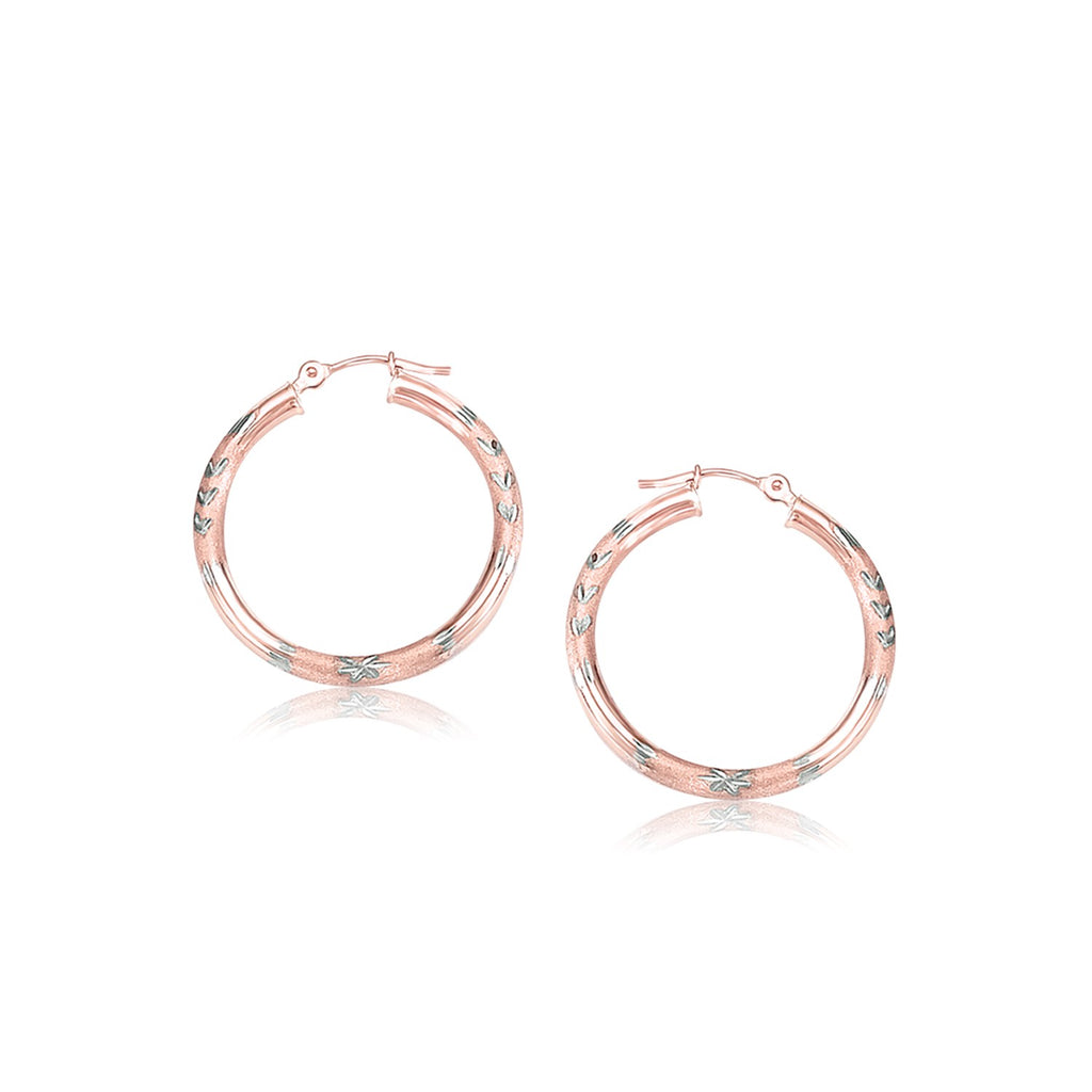 Rose Gold 14k 25mm Fancy Diamond Cut Hoop Earrings in Snap Lock