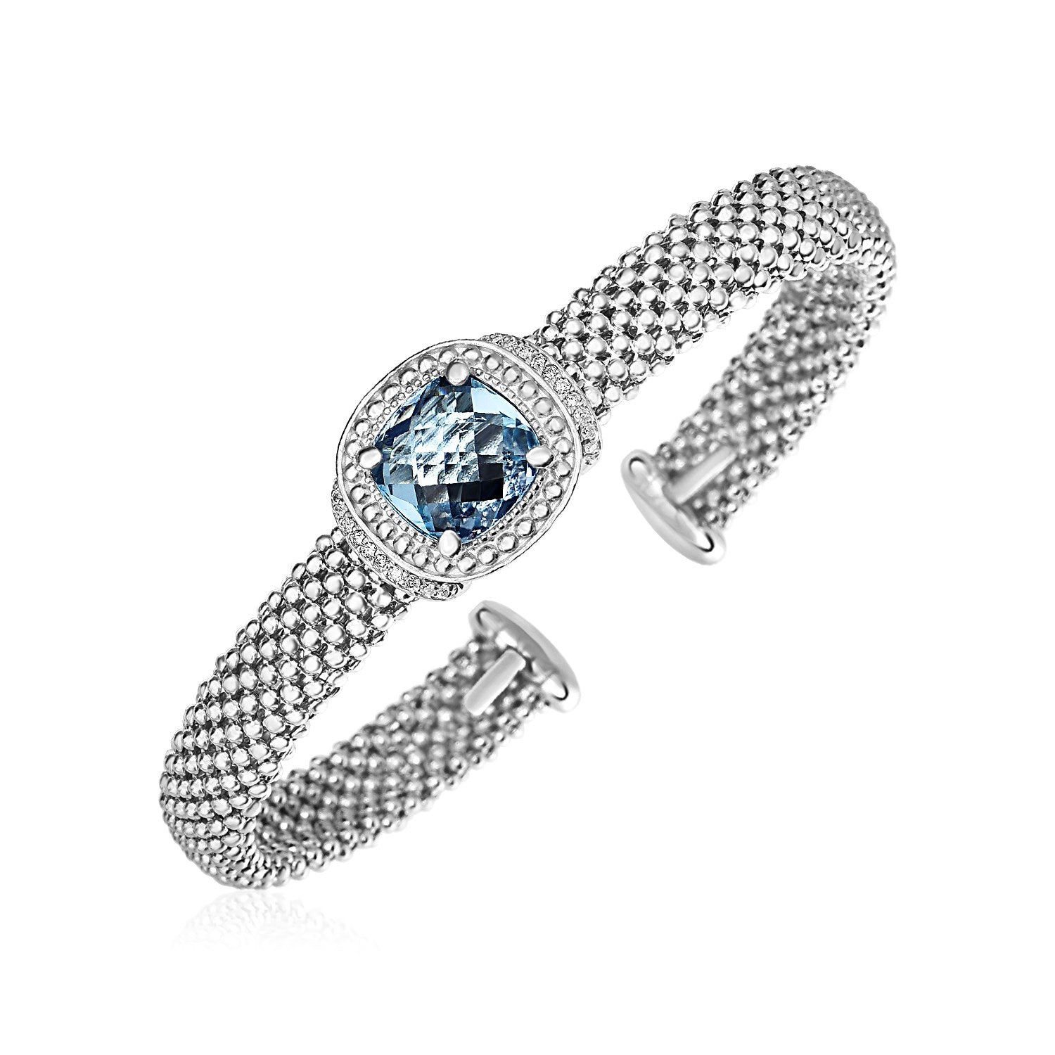Sterling Silver Popcorn Texture Cuff Bangle with Blue Topaz and Diamonds
