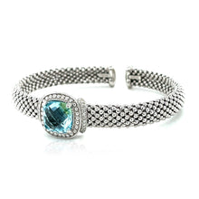 Load image into Gallery viewer, Sterling Silver Popcorn Texture Cuff Bangle with Blue Topaz and Diamonds