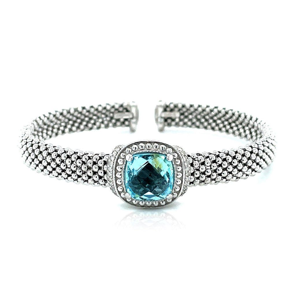Sterling Silver Popcorn Texture Cuff Bangle with Blue Topaz and Diamonds