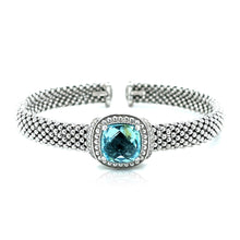 Load image into Gallery viewer, Sterling Silver Popcorn Texture Cuff Bangle with Blue Topaz and Diamonds