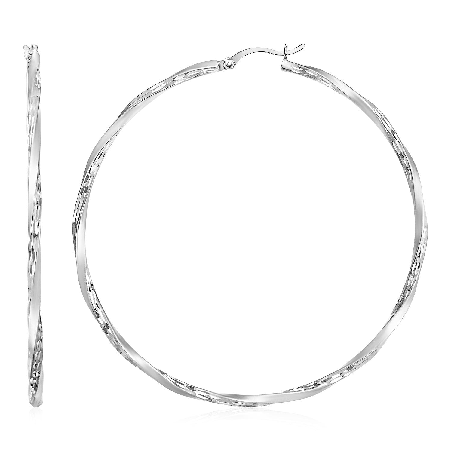 Sterling Silver Matte and Textured Twisted Hoop Earrings in Hinged Snap Back