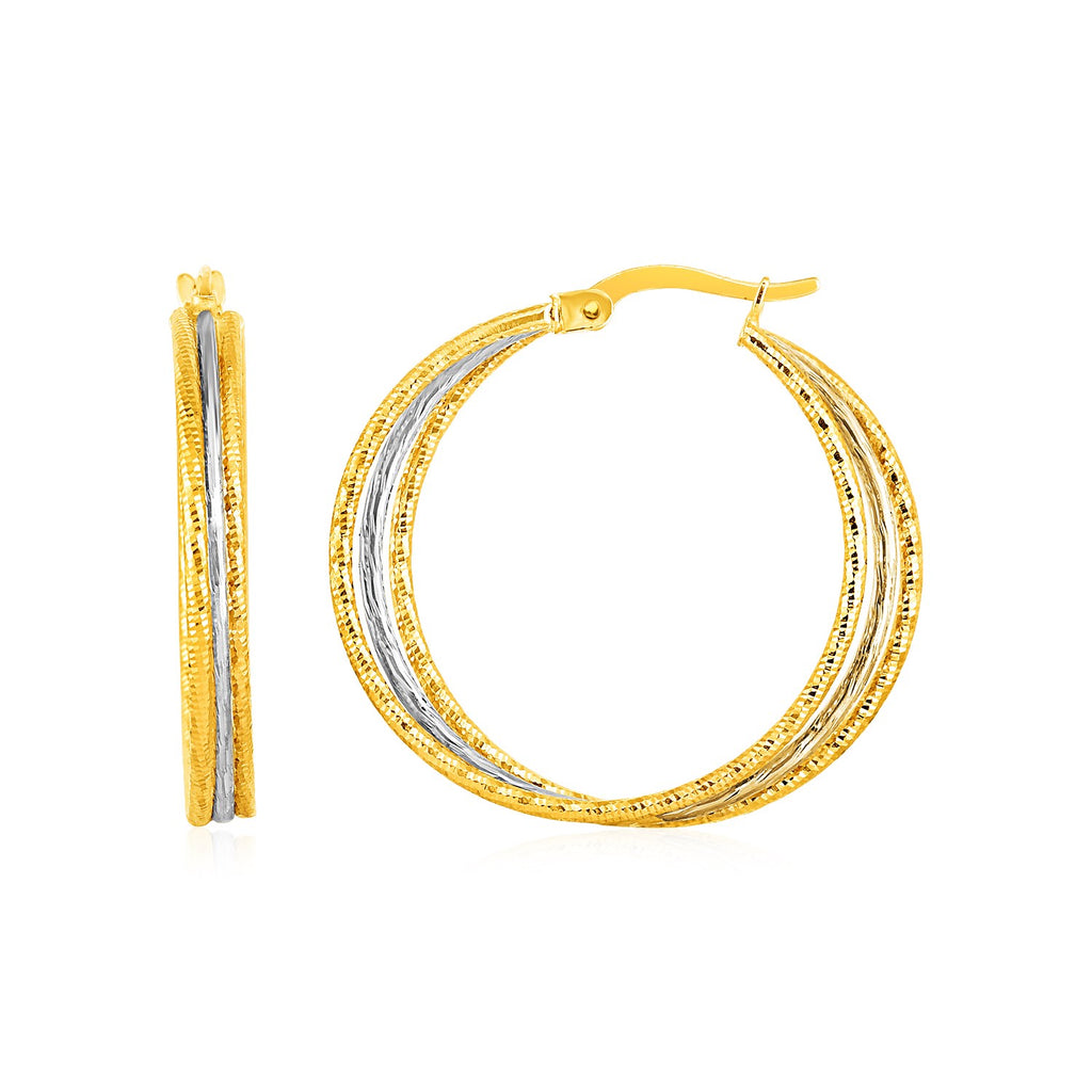Yellow and White Gold 14k Three Part Textured Hoop Earrings in Hinged Snap Back