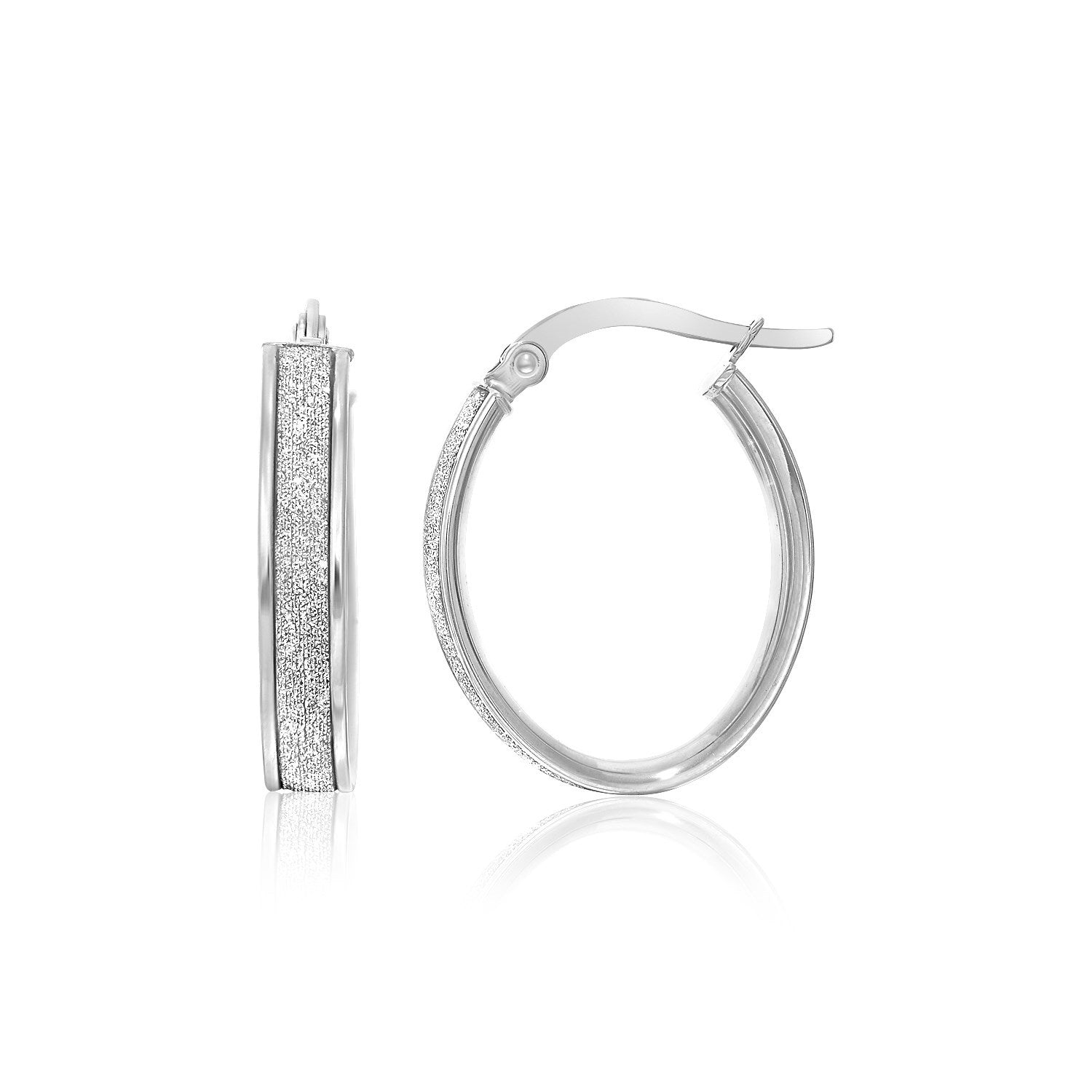 White Gold 14k Glitter Center Oval Hoop Earrings in Snap Lock
